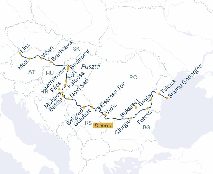 Routenplan MS Thurgau Prestige Linz–Donaudelta–Linz