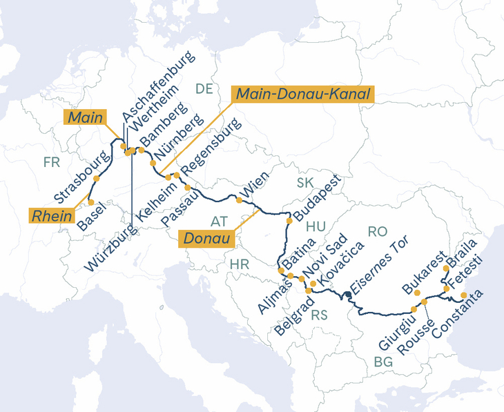 Routenplan MS Thurgau Prestige Basel-Constanta