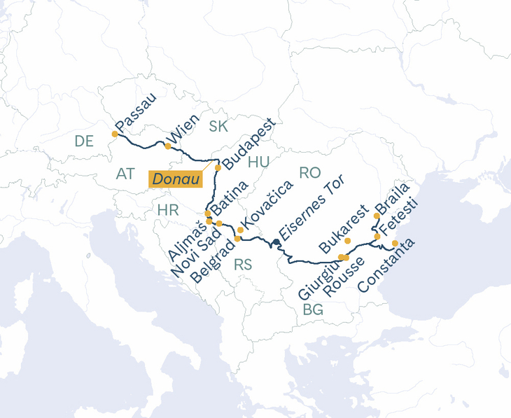 Routenplan MS Thurgau Prestige Passau–Constanta