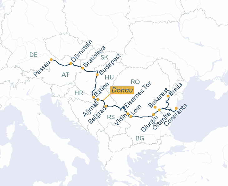 Routenplan MS Thurgau Prestige Constanta–Passau