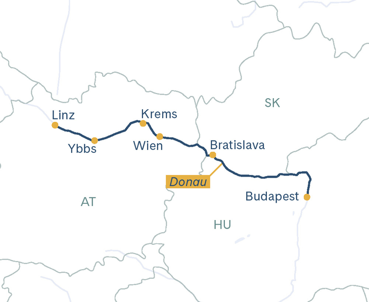 Routenplan MS Thurgau Prestige Linz–Budapest–Linz