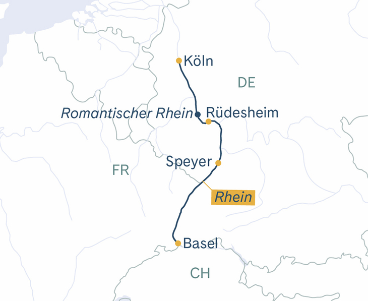 Routenplan Thurgau Prestige Basel–Köln–Rüdesheim–Basel