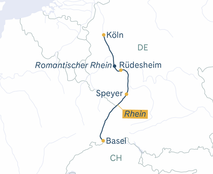 Routenplan Thurgau Prestige Basel–Köln–Rüdesheim–Basel