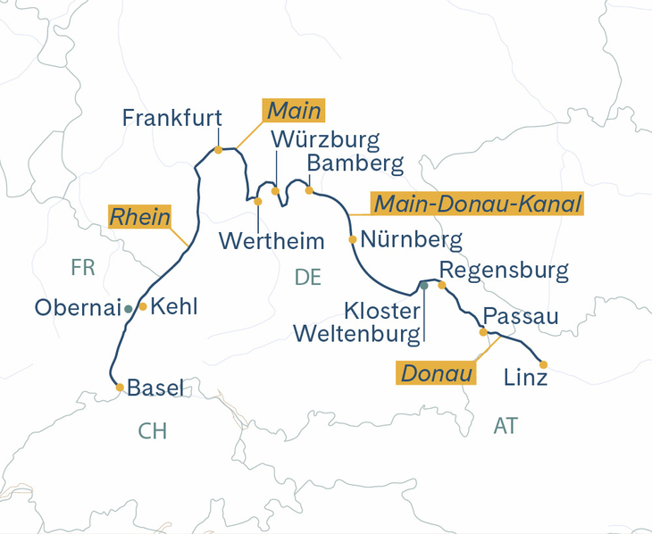 Routenplan Basel-Nürnberg-Passau-Linz MS Thurgau Prestige