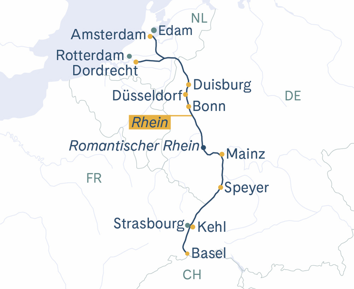 Routenplan MS Thurgau Avanti Basel–Amsterdam–Mainz–Basel