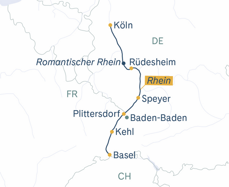 Routenplan MS Thurgau Avanti Basel–Köln–Rüdesheim–Basel