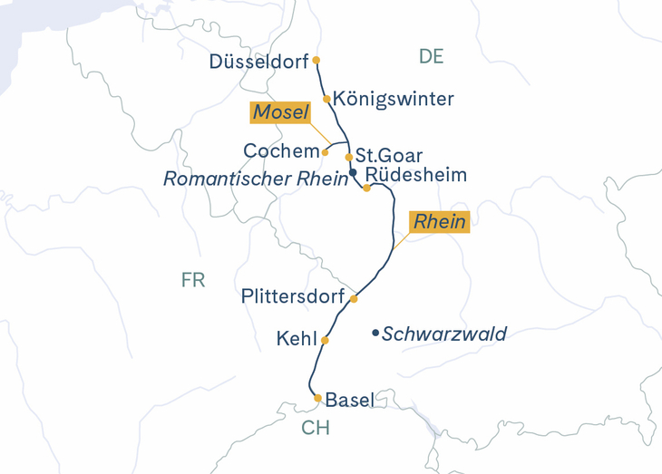 Routenplan MS Thurgau Avanti Düsseldorf–Cochem–Basel–Düsseldorf