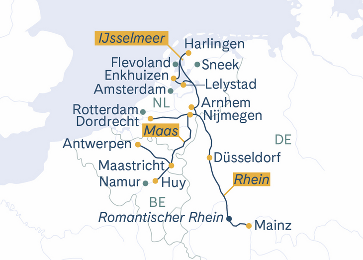 Routenplan MS Thurgau Avanti Mainz–Flandern–Holland–Friesland–Düsseldorf