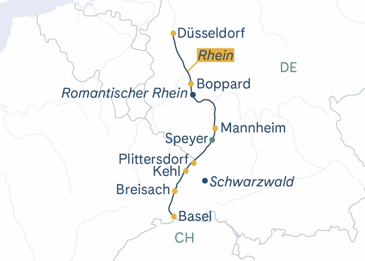 Routenplan MS Thurgau Avanti Düsseldorf–Boppard–Mannheim(–Basel)