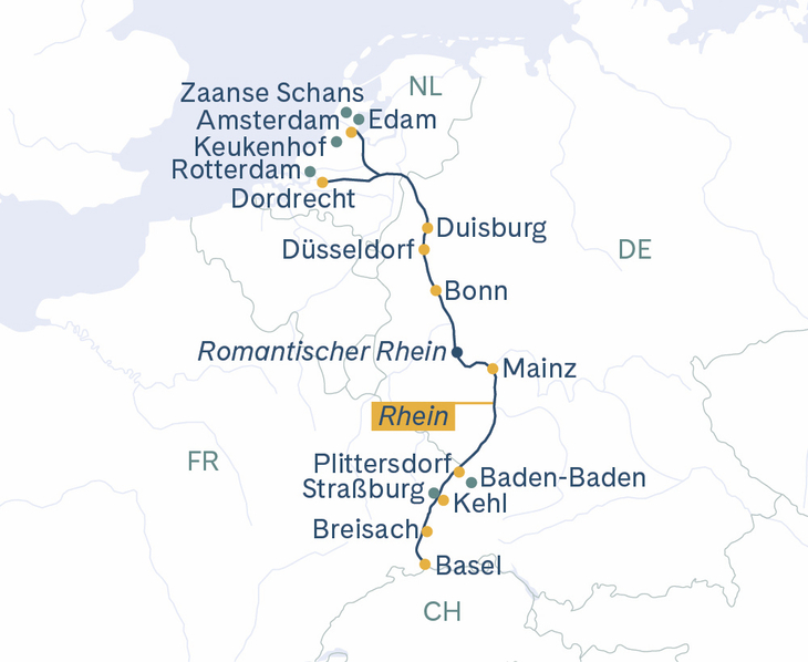 Routenplan Breisach-Amsterdam-Basel