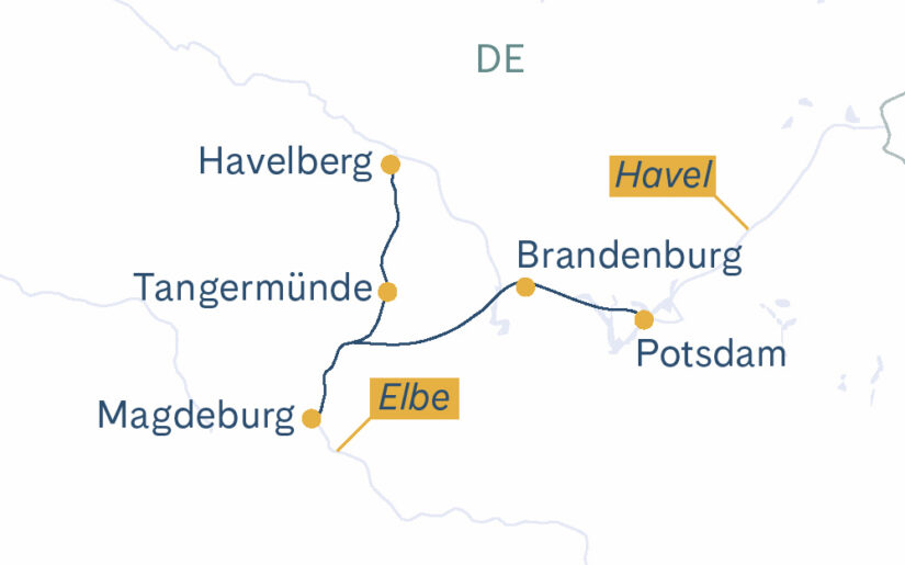 Karte zeigt die Flusskreuzfahrt ab Potsdam mit den Flüssen Havel und Elbe und den Städten an den Flüssen